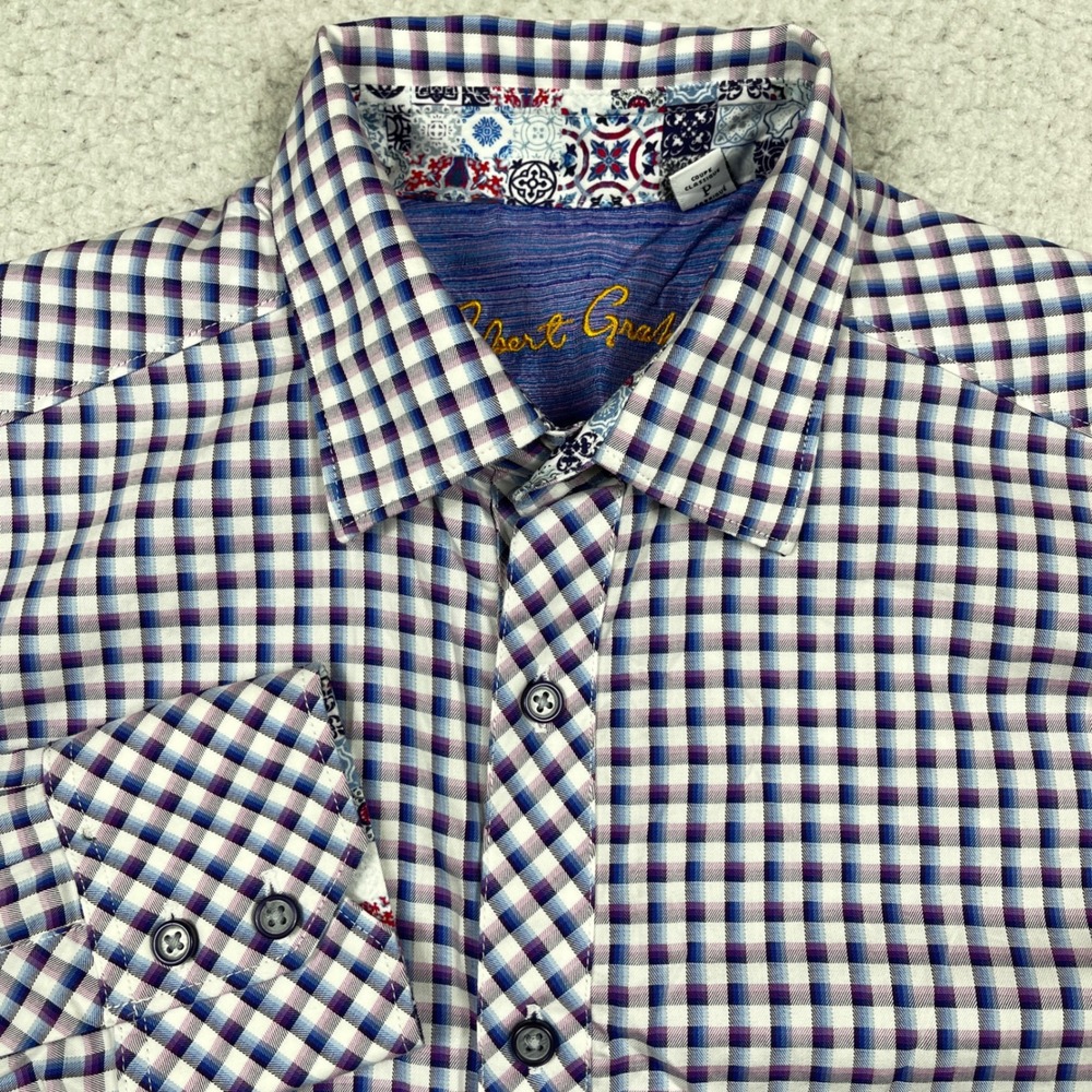 Robert Graham Button Down Mens Small Purple Plaid Classic Fit Preppy Designer